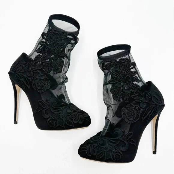 Dolce & Gabbana Embroidered Mesh Stretch-lace Sock Boots In Black - Picture 1 of 14